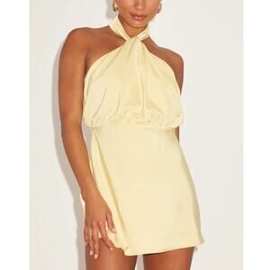 Lulus NWOT Sleek Essence Light Yellow Satin Halter Sleeveless Mini Dress Medium